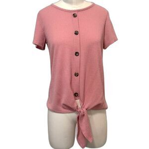 JM Fleurette Women's Pink Button-Down Tie-Front Top, Size Medium